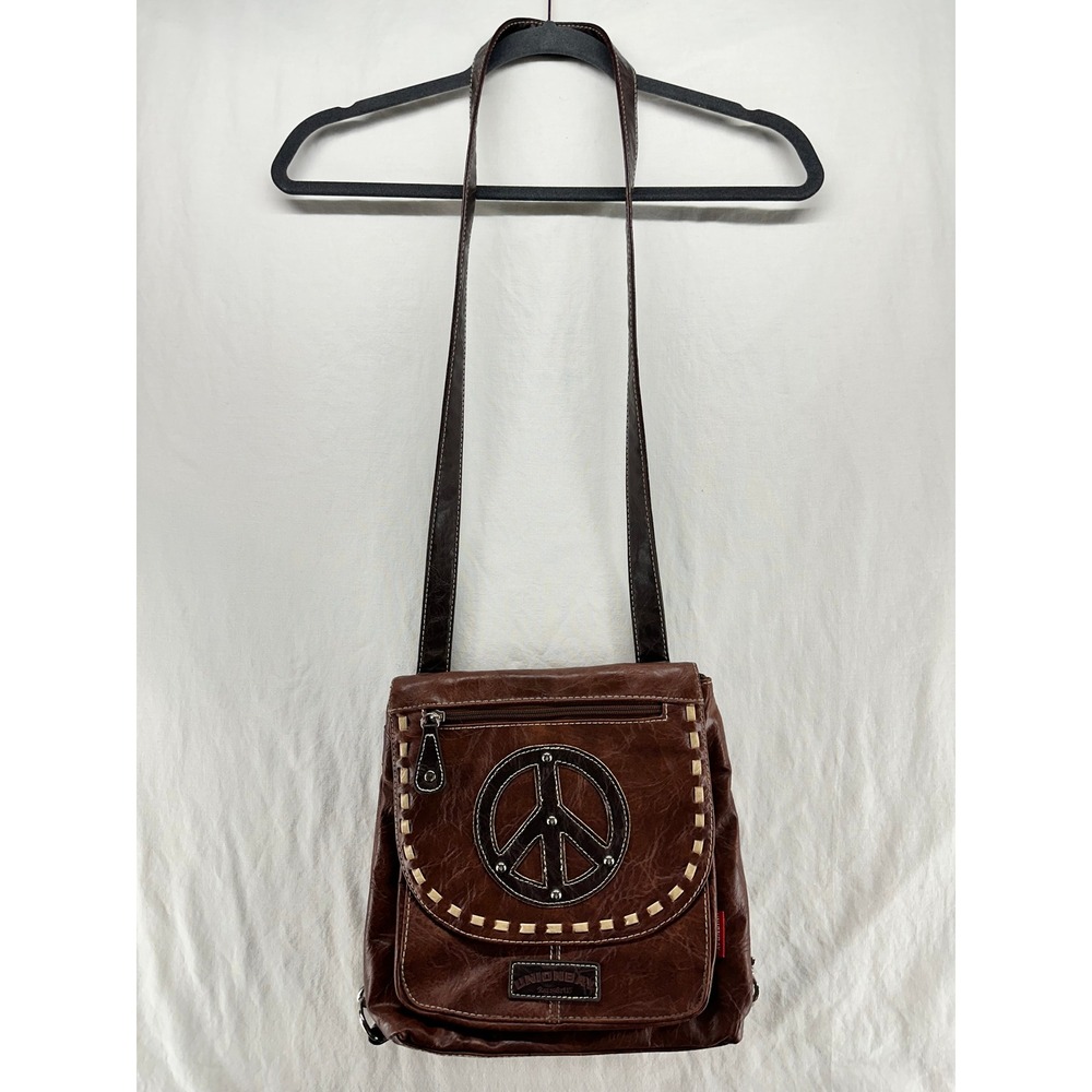 Unionbay Brown Faux Leather Peace Sign Crossbody Messenger Bag Boho Whipstitch